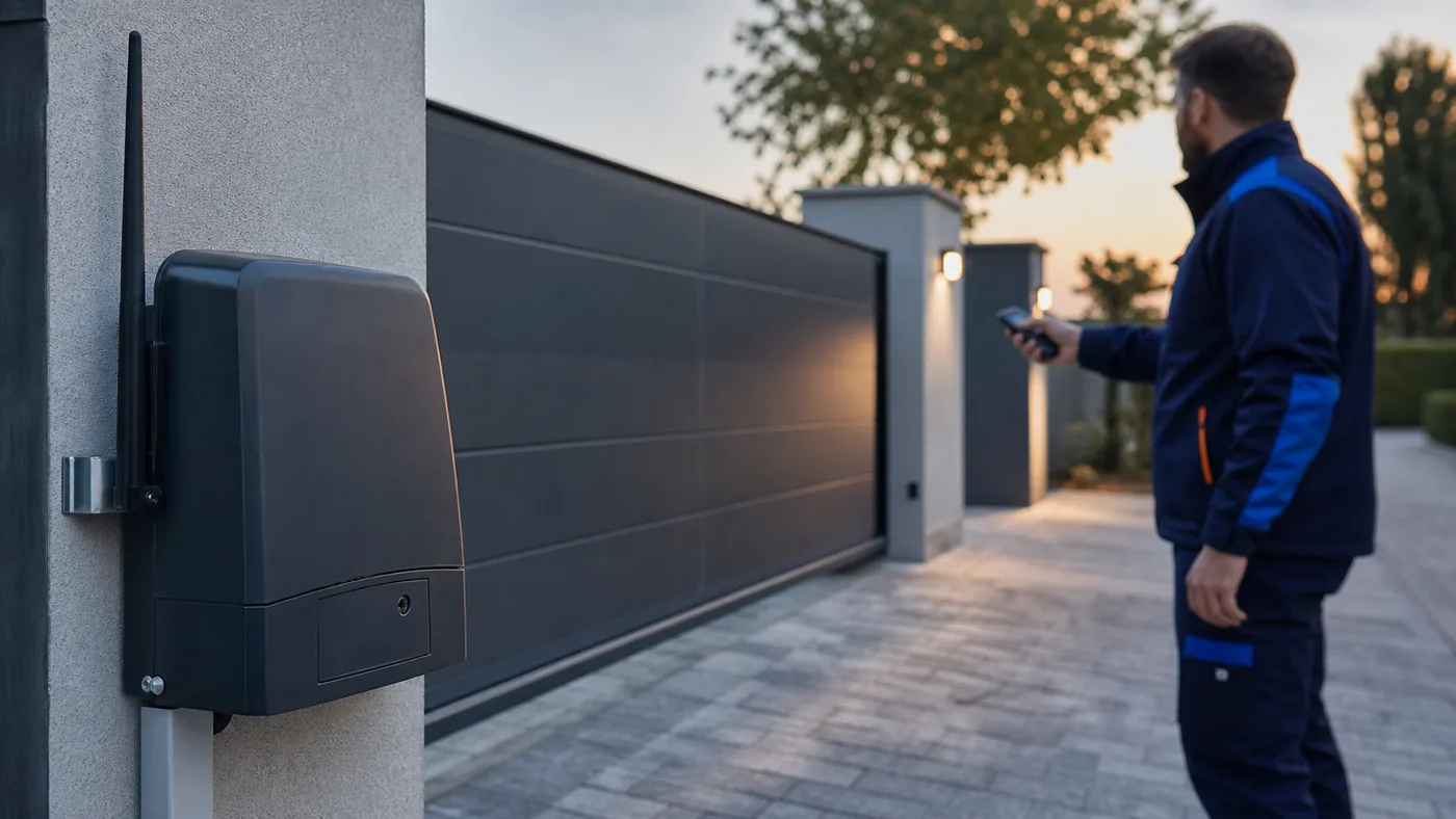 Servicetechniker prüft Torantrieb-Steuerung und Funkempfänger an einer Garagenzufahrt in Wien/Niederösterreich, realistische Technikfotografie ohne Logos