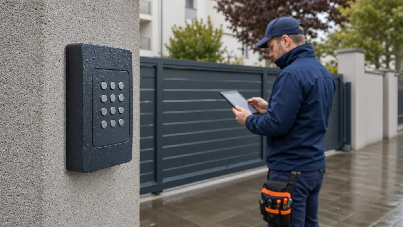 Servicetechniker prüft nach Regen einen geschlossenen Außencodetaster an einer Hoftorzufahrt in Wien und Niederösterreich