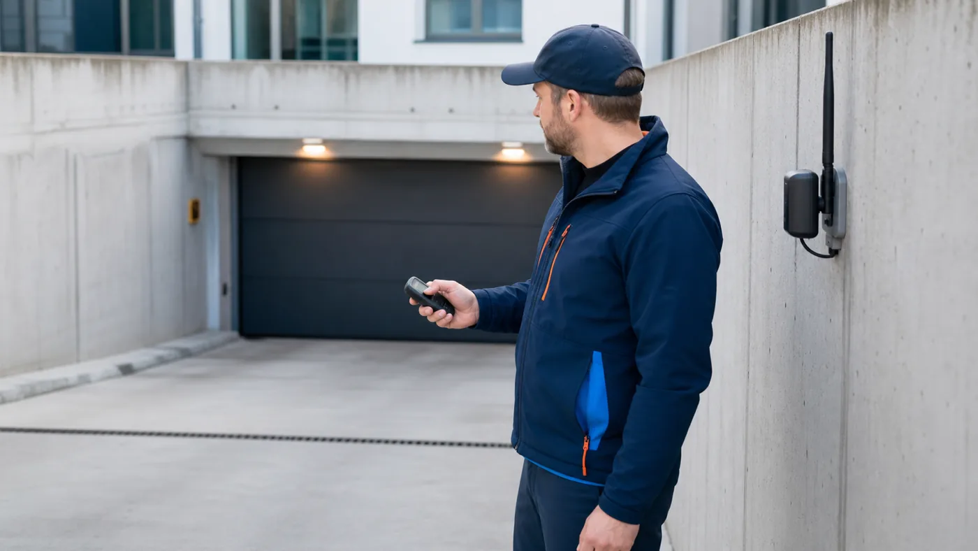 Servicetechniker misst Funkreichweite und prüft eine externe Antenne an einer Tiefgaragenzufahrt in Wien, realistische Technikfotografie ohne Logos