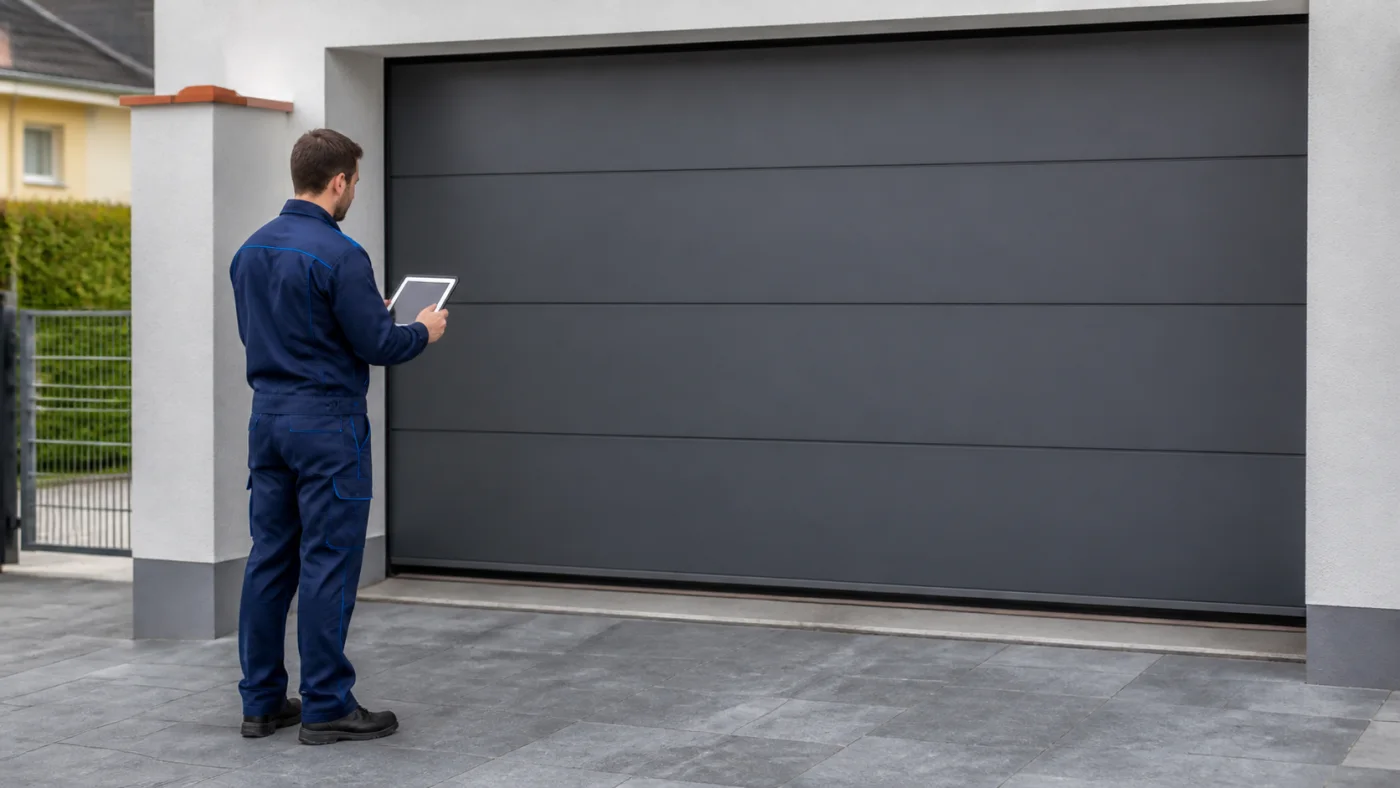 Servicetechniker dokumentiert ein geschlossenes Sektionaltor und das Raumklima einer Garage