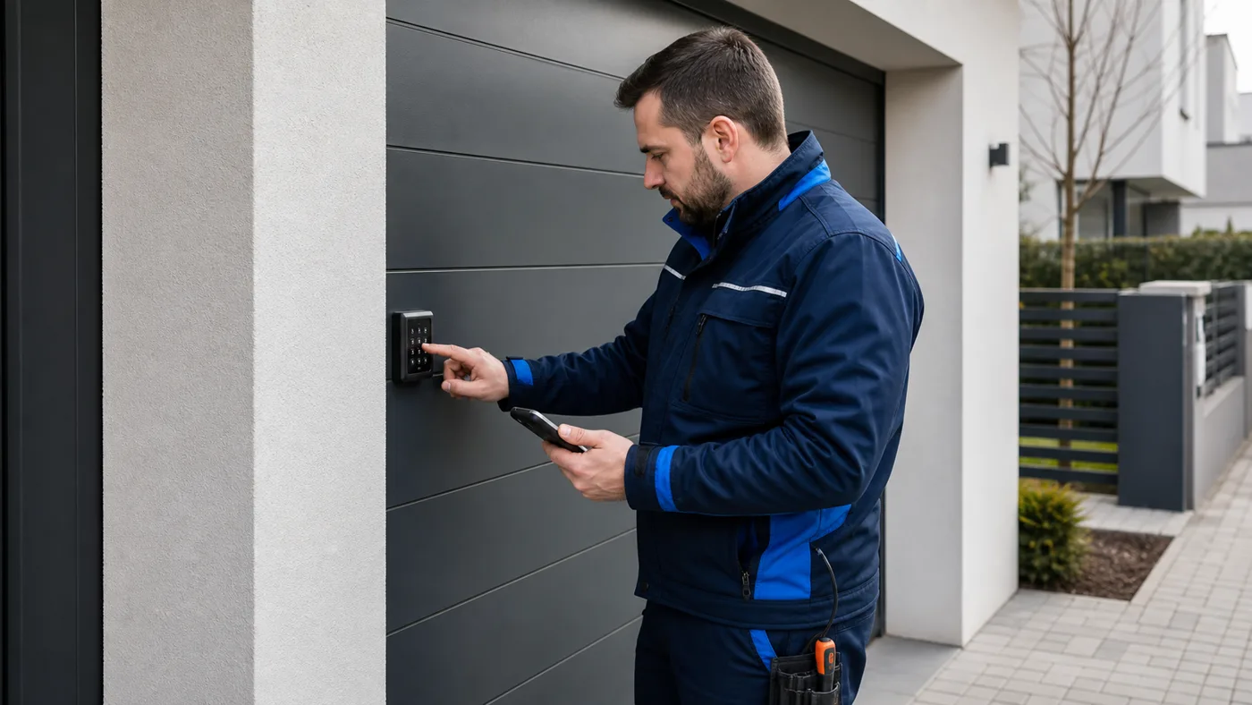 Servicetechniker prüft eine Code-Tastatur neben einem Garagentor und testet die Funkverbindung in einer Garage in Wien/Niederösterreich, realistische Technikfotografie ohne Logos