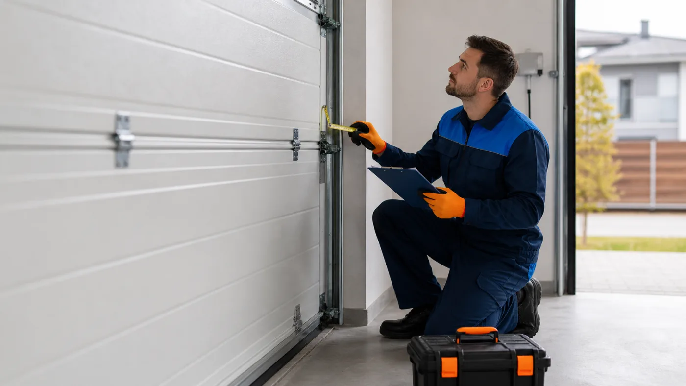 Servicetechniker prüft Endlage und Laufweg eines Garagentors mit Maßband und Checkliste in einer Garage in Wien, realistische Technikfotografie ohne Logos