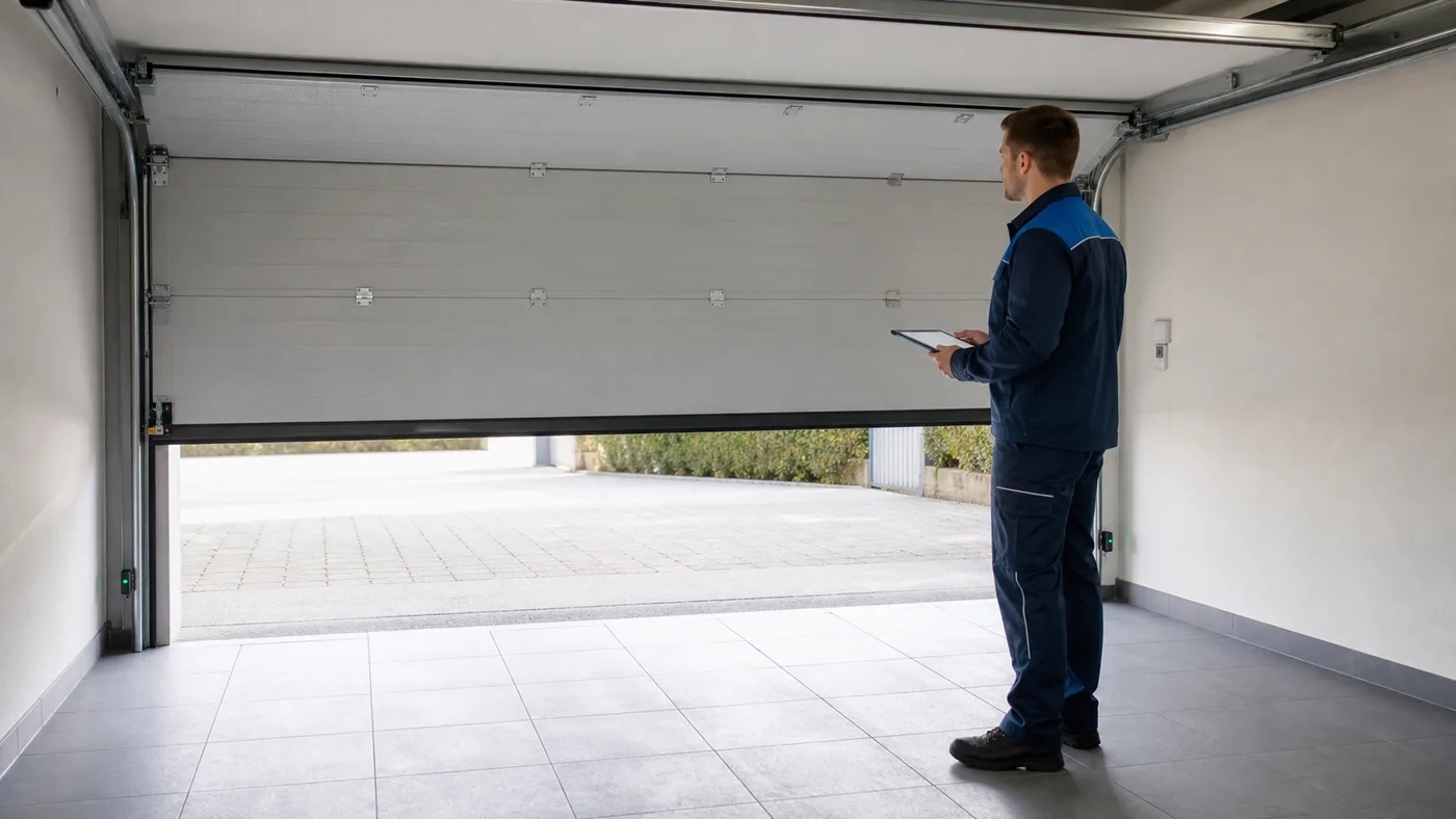 Servicetechniker beobachtet, wie ein Garagentor nach kurzem Anlauf stoppt, und prüft dabei Sensorik und Laufweg in einer Garage in Wien/Niederösterreich, realistische Technikfotografie ohne Logos