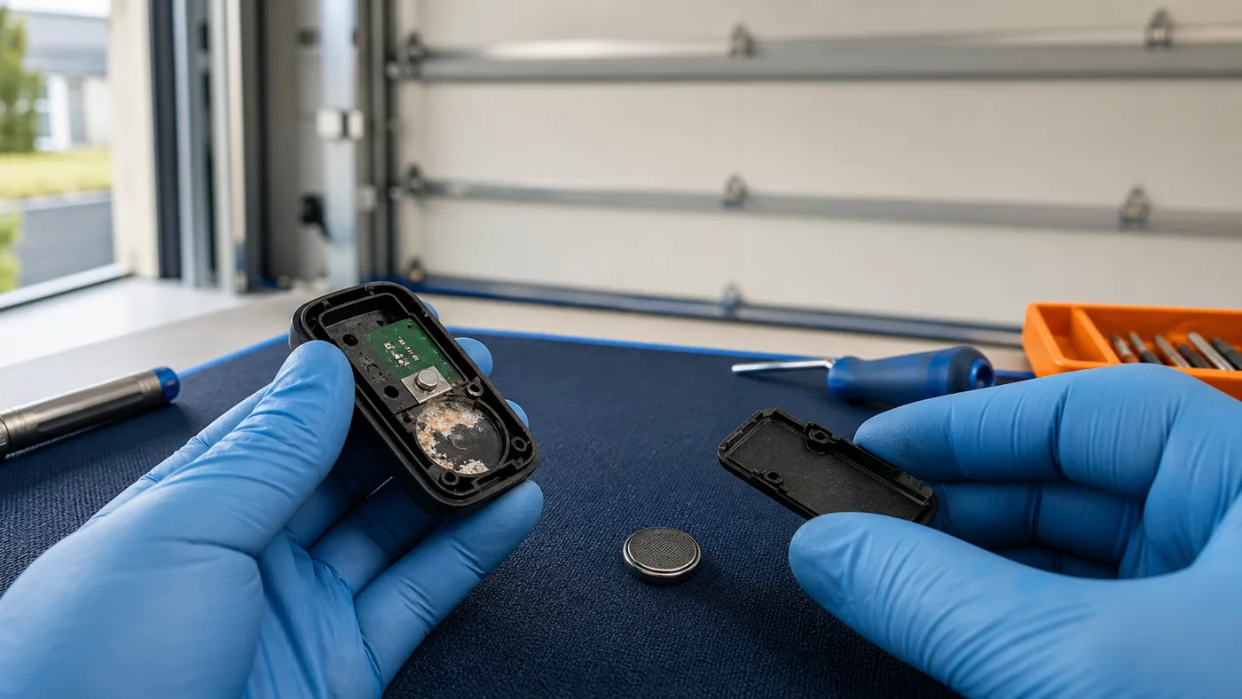 Techniker prüft mit Handschuhen einen geöffneten Garagentor-Handsender mit Korrosionsspuren im Batteriefach