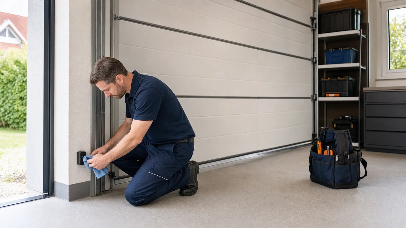 Servicetechniker reinigt das äußere Gehäuse einer Lichtschranke neben einem stillstehenden Sektionaltor in einer Garage