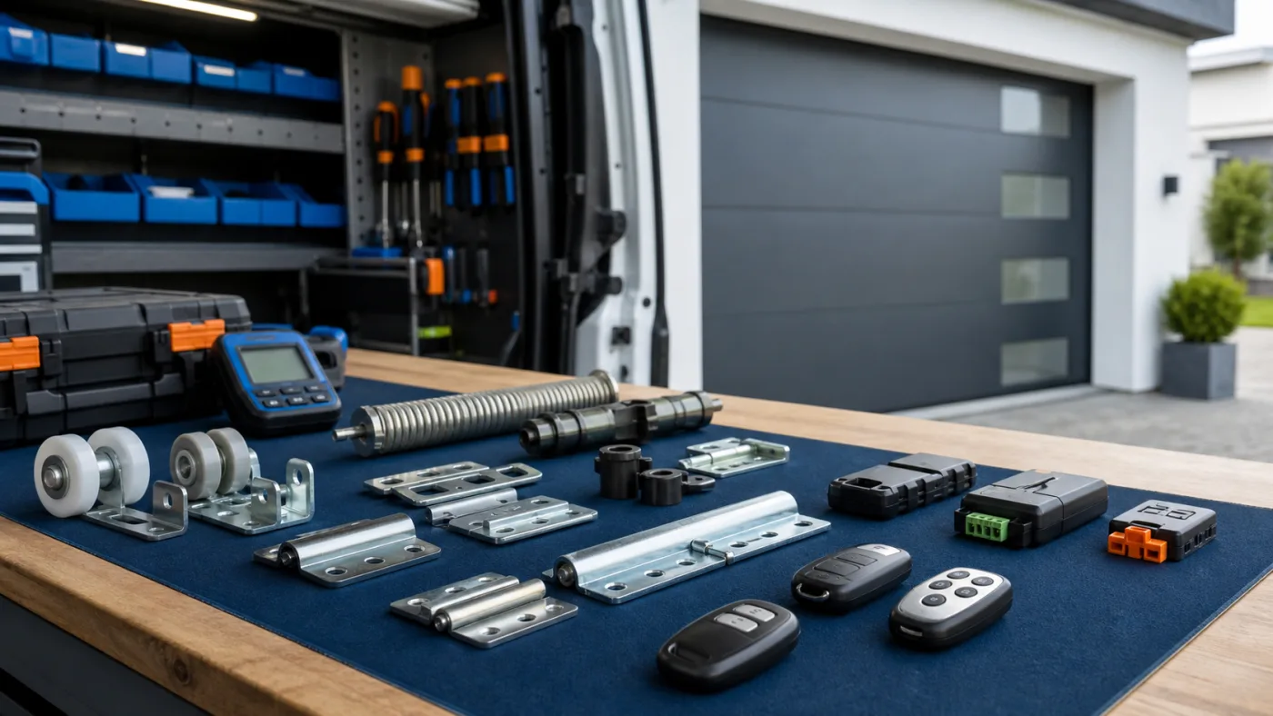 Unbranded Garagentor-Ersatzteile, Rollen, Scharniere, Handsender und Steuerungsmodule auf Werkbank