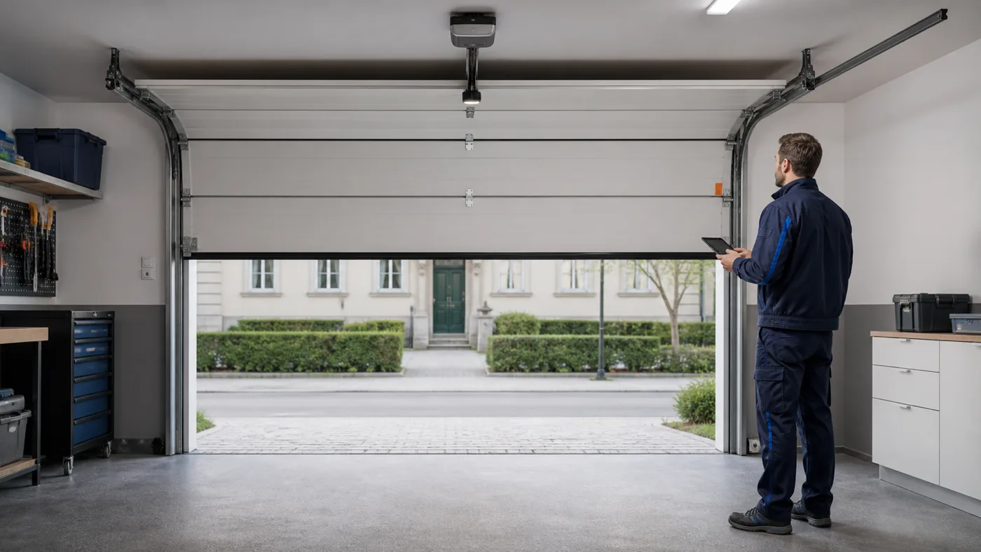 Servicetechniker beobachtet aus sicherem Abstand ein teilweise geöffnetes Sektionaltor in einer Wiener Garage