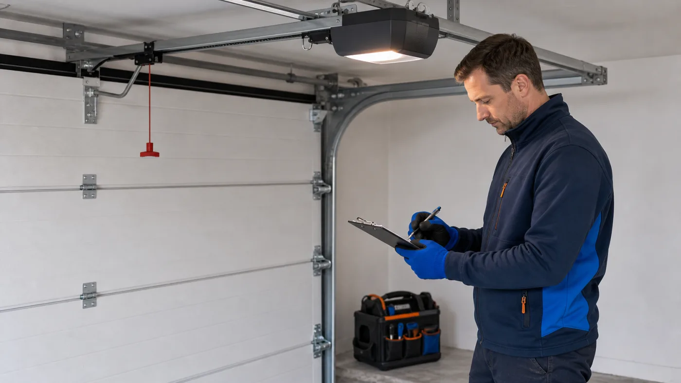 Techniker erstellt eine Diagnose-Notiz neben einem Garagentorantrieb in einer Garage in Wien, Werkzeugkoffer im Hintergrund
