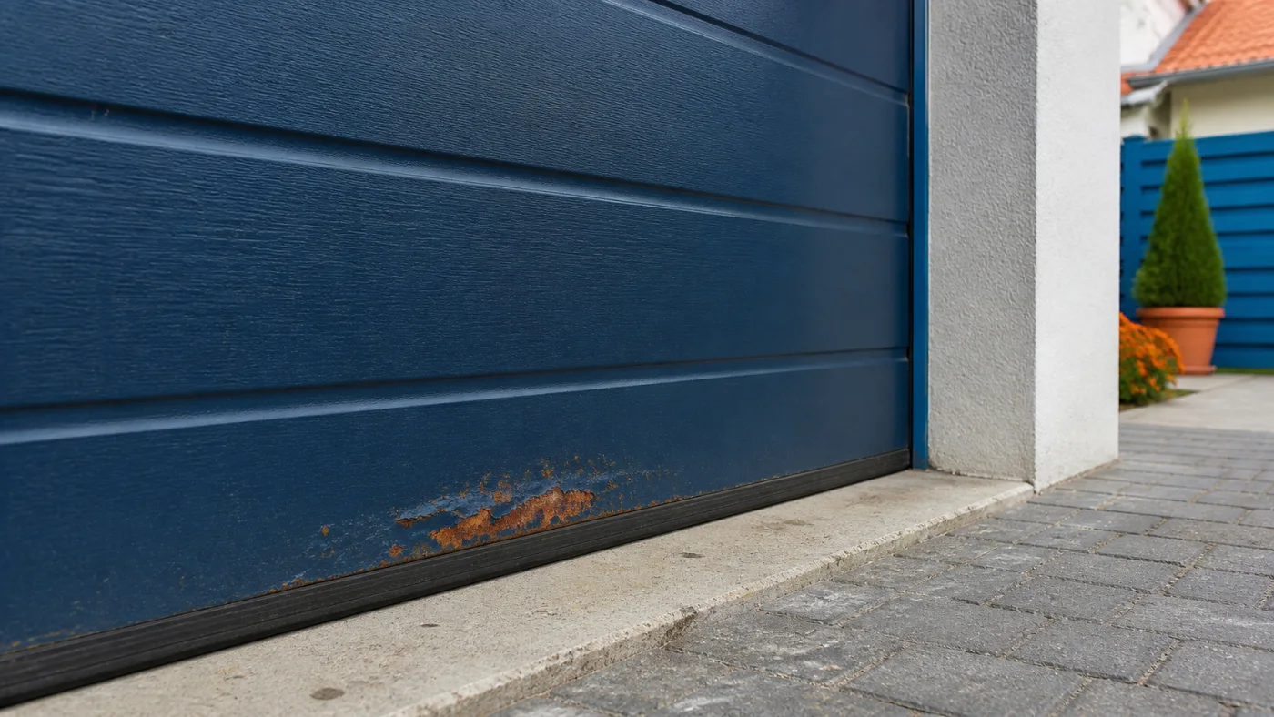 Roststelle und abblätternde blaue Beschichtung am unteren Paneel eines geschlossenen Garagentors
