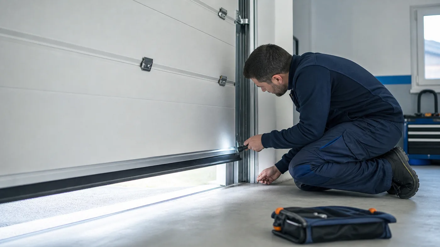 Servicetechniker prüft das Schließverhalten eines Garagentors mit kleinem Restspalt am Boden in einer Garage in Wien/Niederösterreich, realistische Technikfotografie ohne Logos