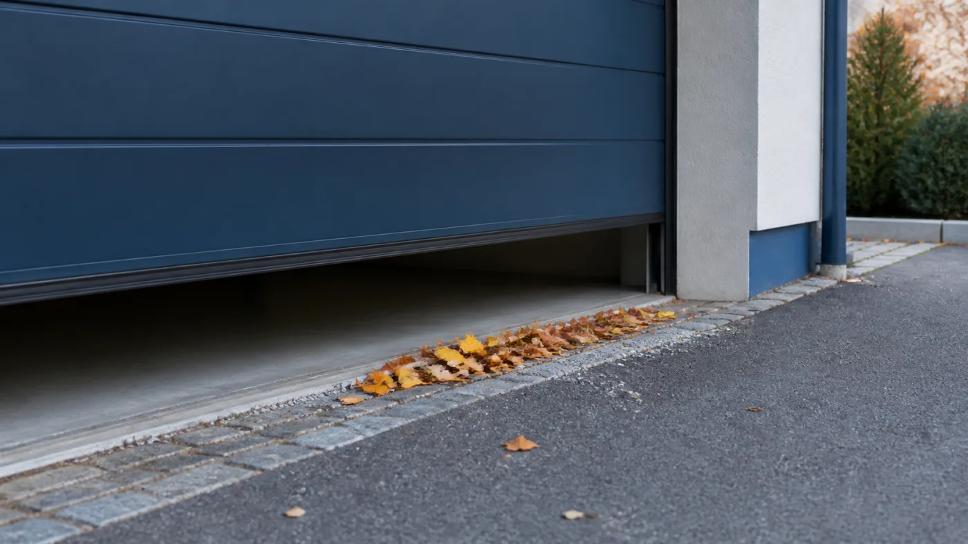 Teilweise geöffnetes blaues Sektionaltor mit trockenem Herbstlaub und losem Kies am Bodenabschluss