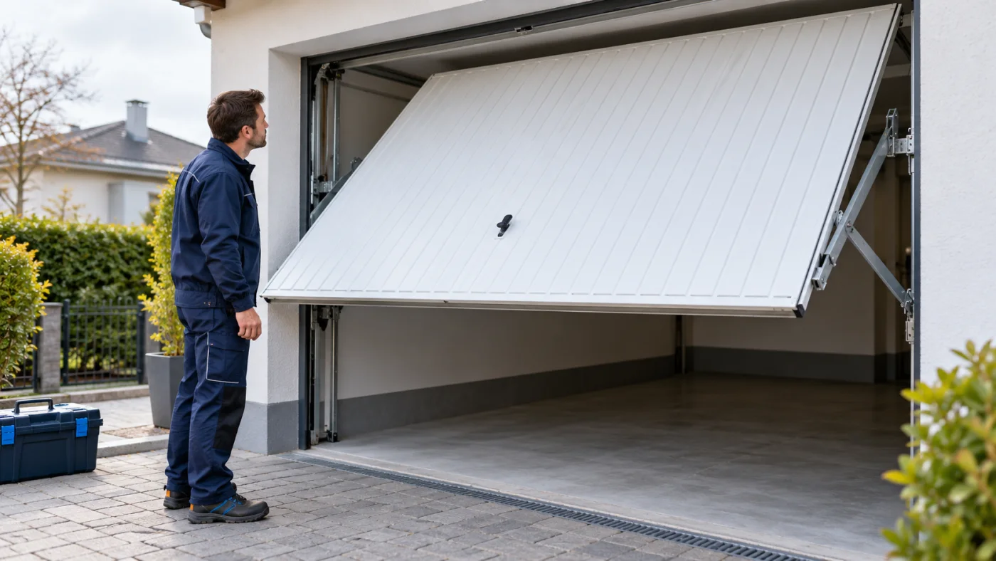 Techniker betrachtet aus sicherem Abstand ein teilweise geöffnetes weißes Schwingtor an einer Garage