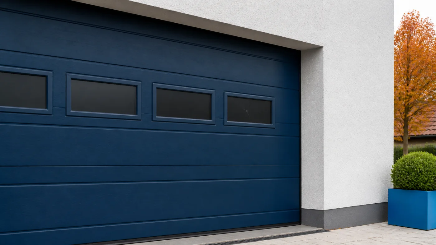 Geschlossenes blaues Sektionaltor mit sichtbarem Riss in einem rechteckigen Fenster