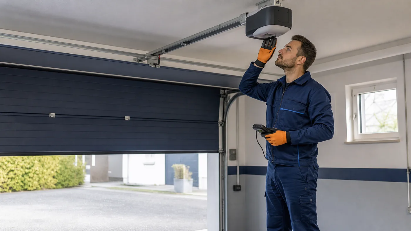 Servicetechniker prüft einen brummenden Garagentorantrieb an der Decke, während das Garagentor halb offen steht, realistische Technikfotografie in Wien/Niederösterreich ohne Logos