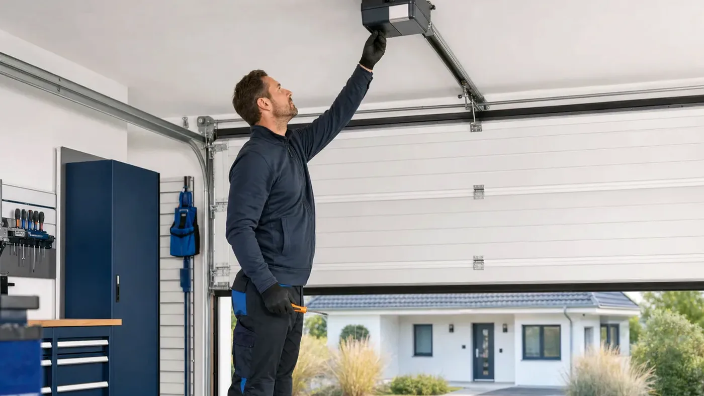 Servicetechniker inspiziert den Antrieb und die Laufmechanik eines Garagentors in einer Garage in Wien, realistische Technikfotografie ohne Logos