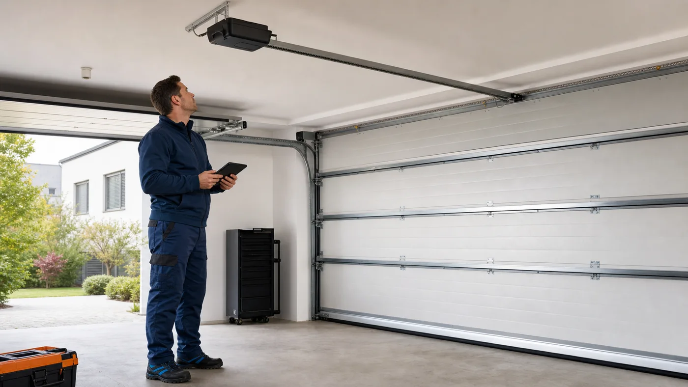 Servicetechniker beobachtet einen geschlossenen Garagentorantrieb in einer Garage bei Wien, ohne Abdeckungen zu öffnen