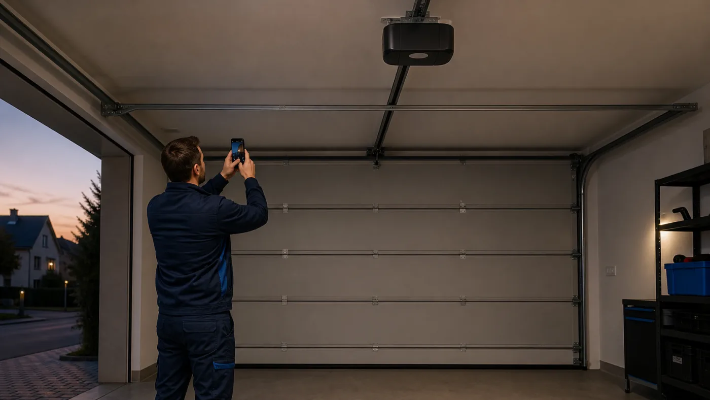 Dunkle Garage mit geschlossenem Sektionaltor und ausgeschalteter Antriebsbeleuchtung bei sicherer Sichtprüfung