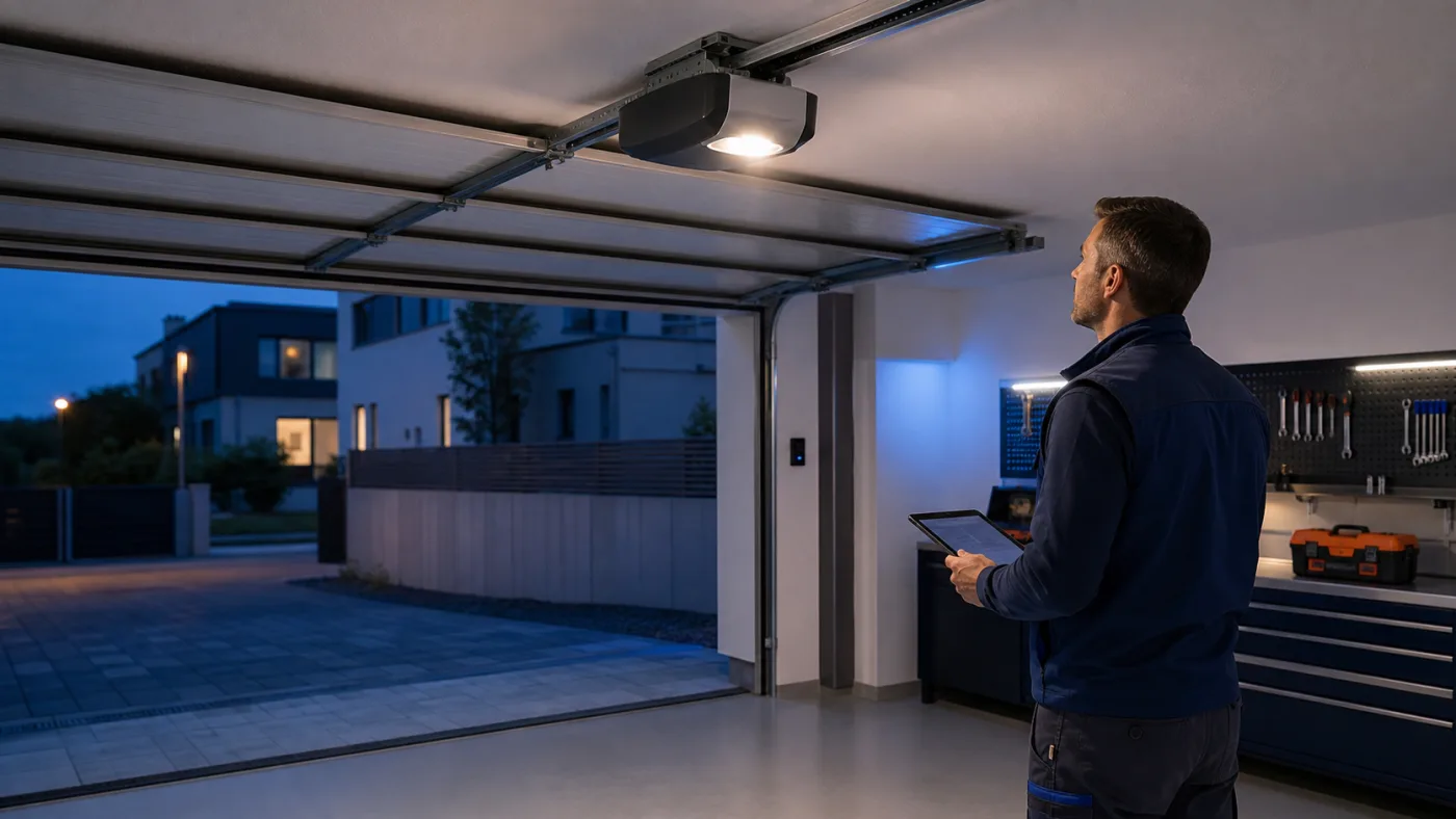 Techniker beobachtet in einer Wiener Garage den stillstehenden Garagentorantrieb mit weiterhin eingeschaltetem Licht