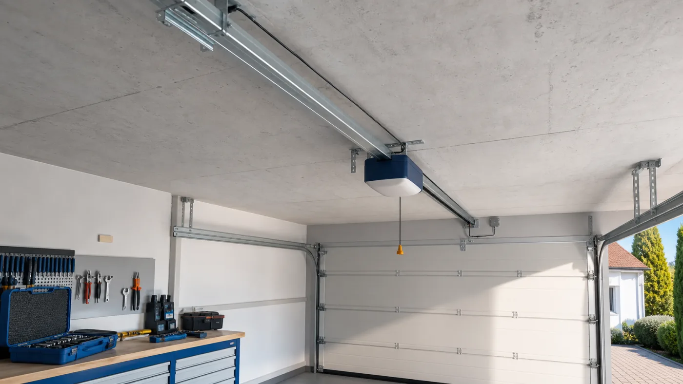 Deckenmontierte Laufschiene eines Garagentorantriebs in einer Garage in Wien oder Niederösterreich