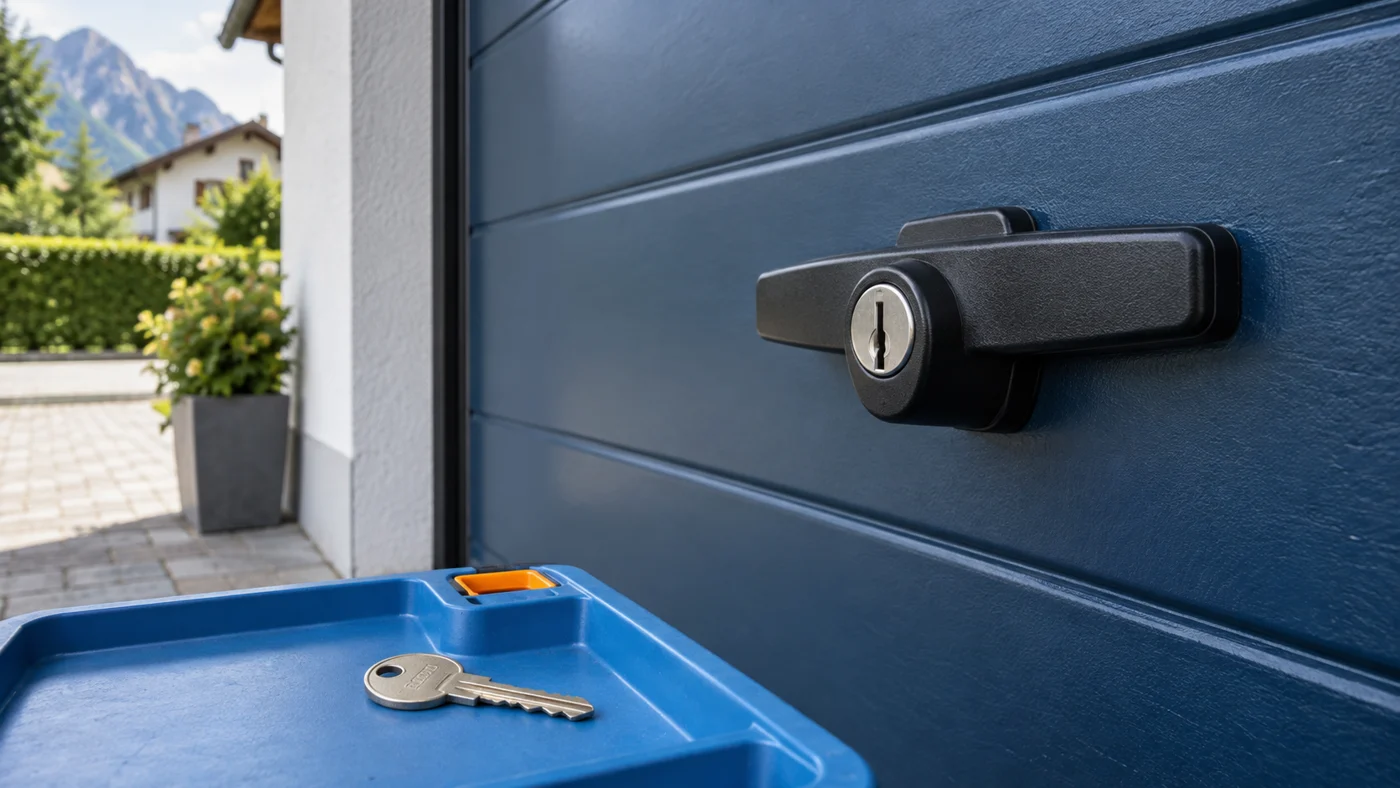 Schwarzer Garagentorgriff mit Schließzylinder an einem blauen Tor und ein Schlüssel auf einer Ablage