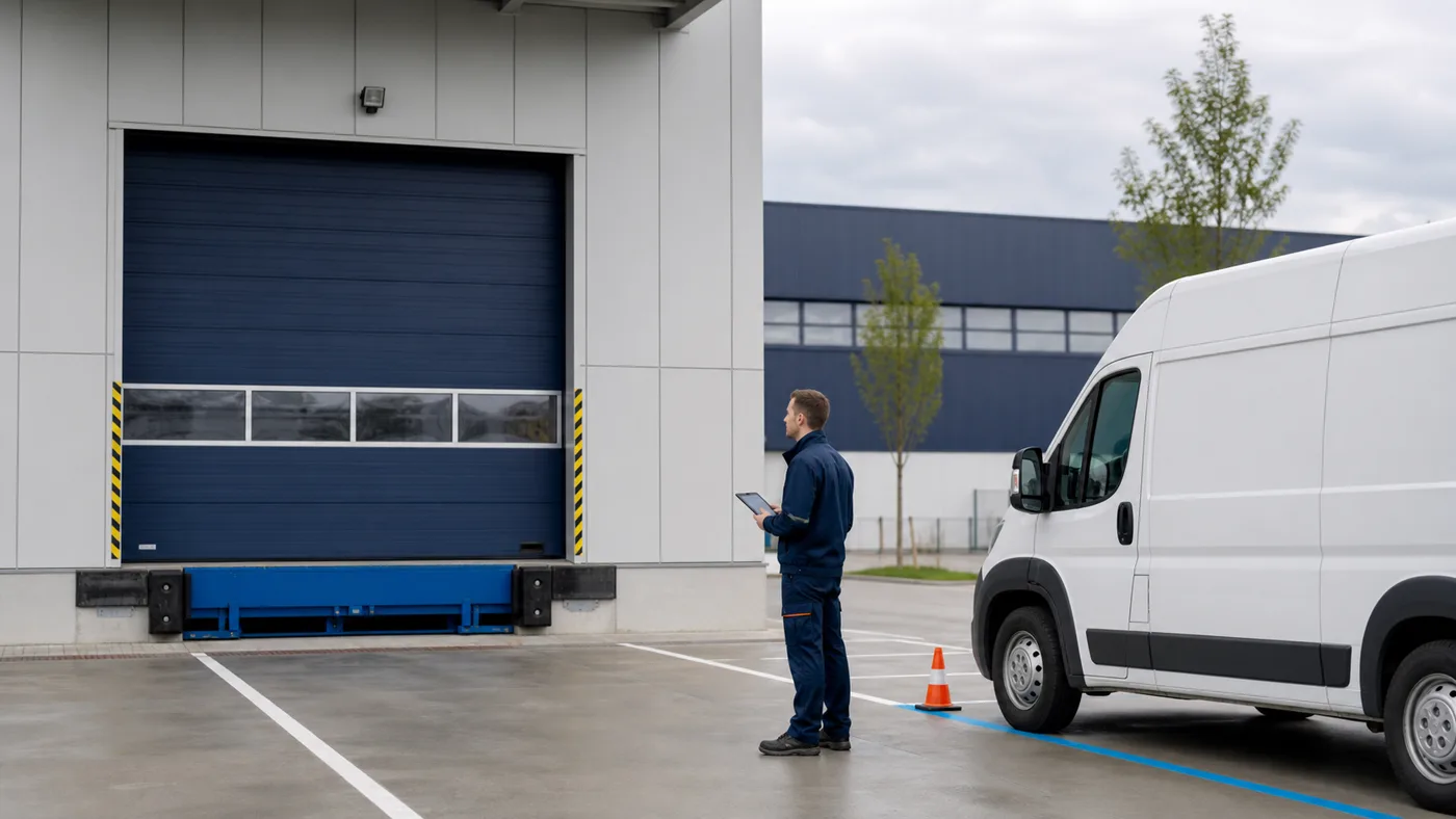 Gewerbliche Ladezone mit geschlossenem Industrietor, wartendem Lieferwagen und dokumentierendem Betreiber