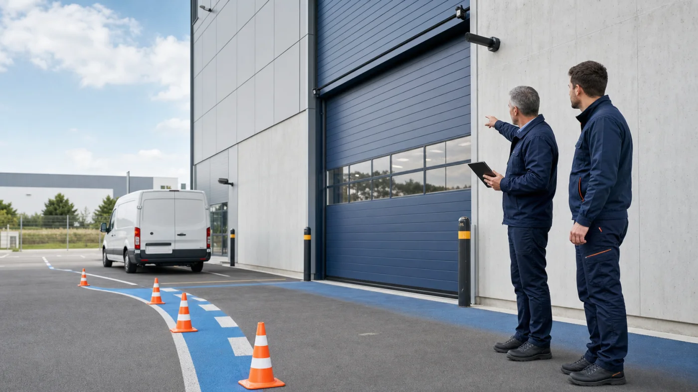 Facility Manager und Techniker beobachten aus sicherer Position ein geschlossenes Gewerbetor mit geänderter Fahrspur in Niederösterreich