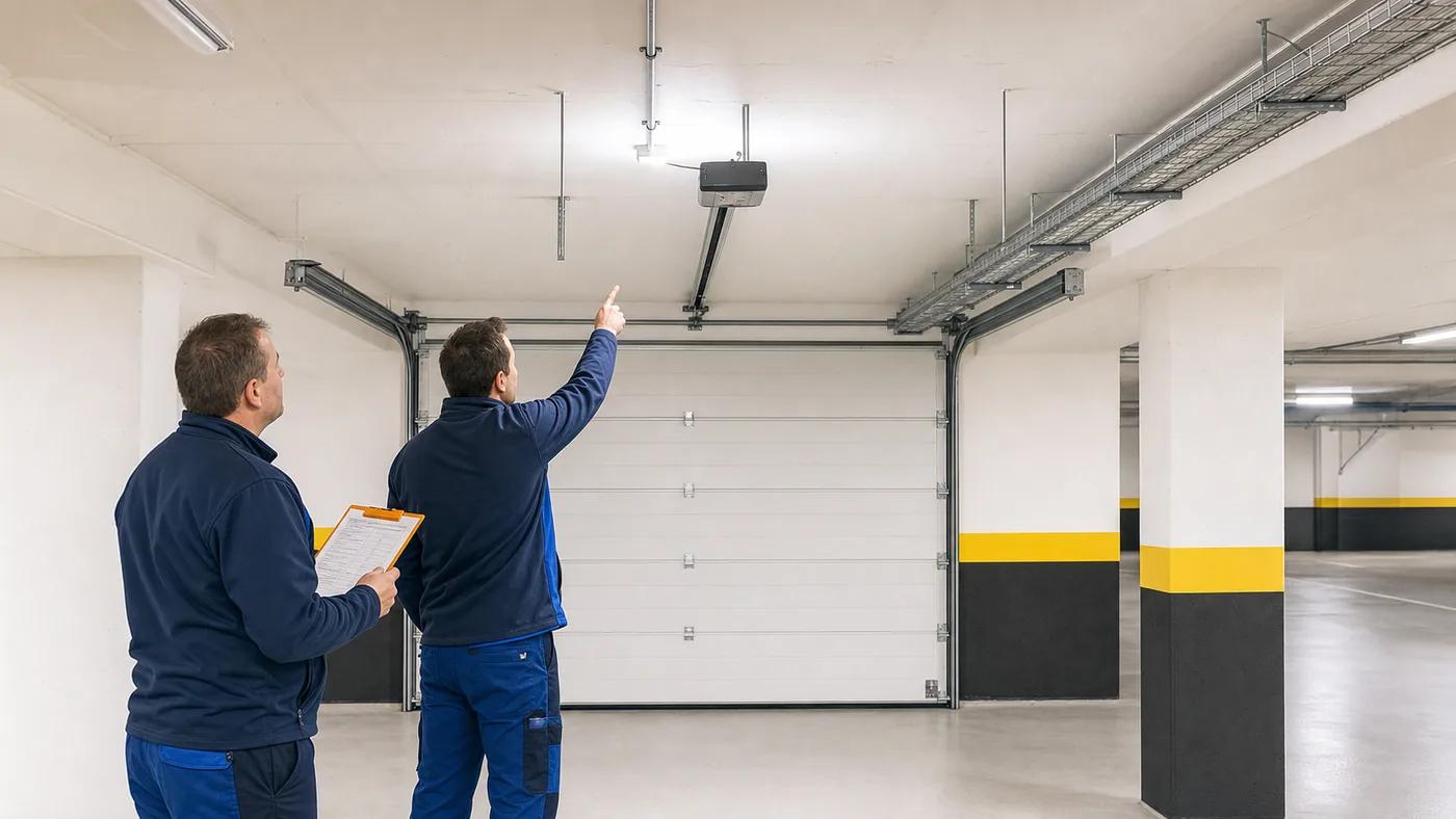 Hausverwaltung und Servicetechniker prüfen mit Abstand eine Deckeninstallation neben der Schiene eines geschlossenen Tiefgaragentors