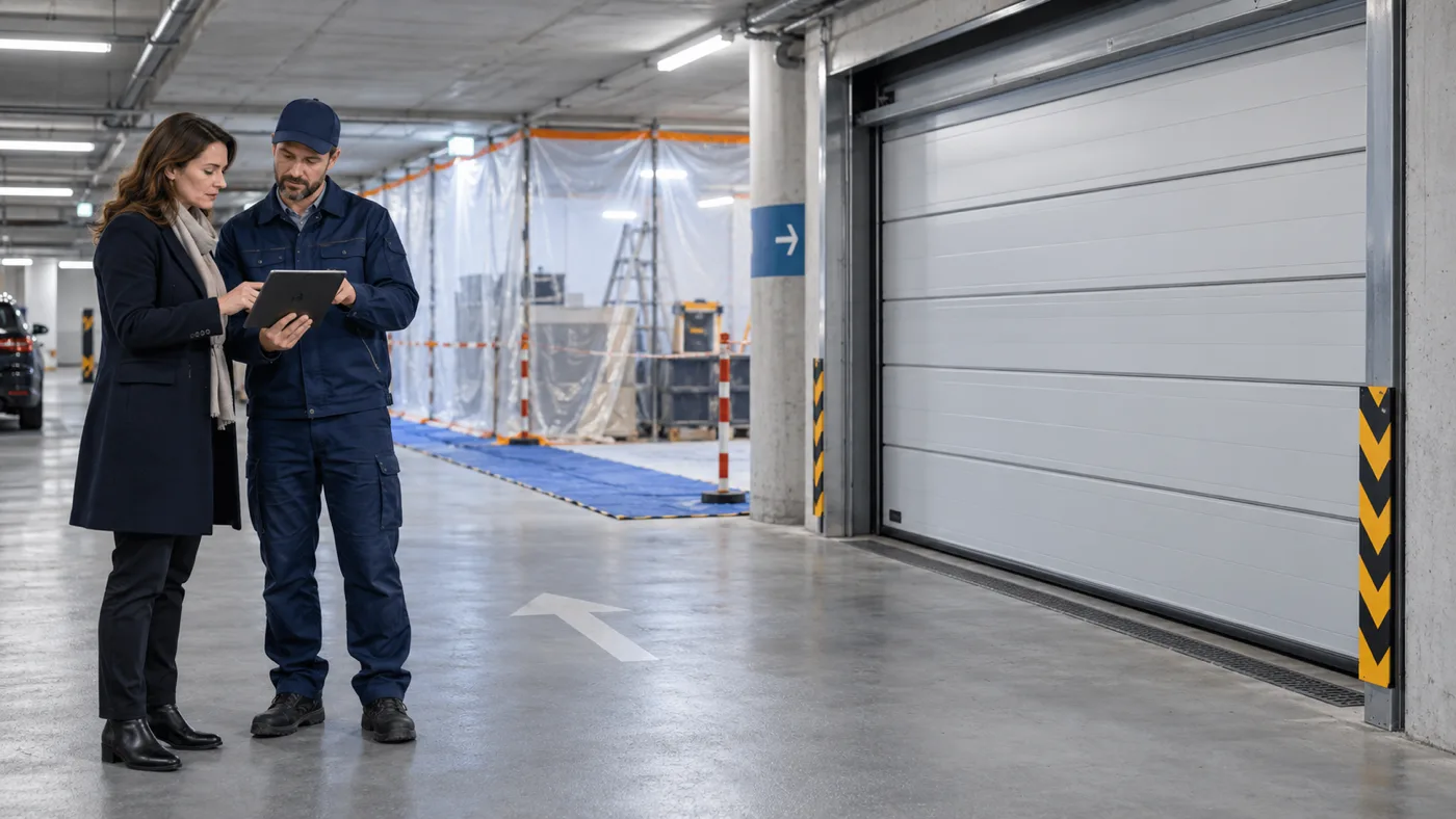 Hausverwaltung und Servicetechniker dokumentieren ein Garagentor neben einem abgegrenzten Bauarbeitsbereich