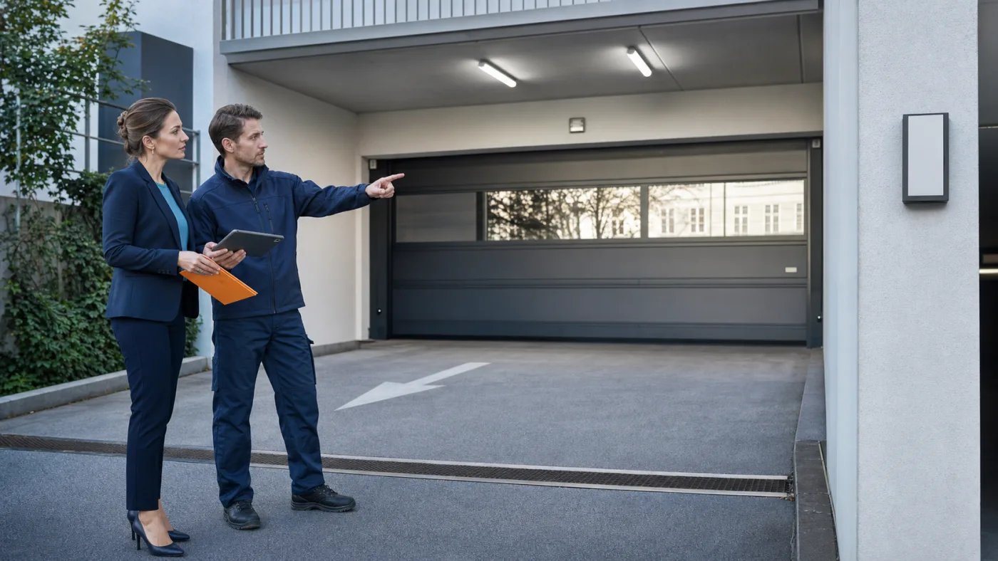 Hausverwalterin und Servicetechniker dokumentieren eine Gegensprechanlagen-Schnittstelle zum Tiefgaragentor in Wien