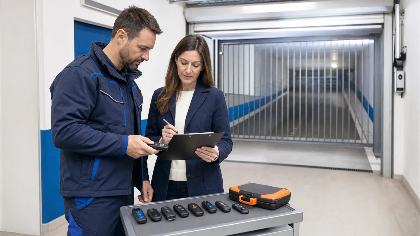 Techniker und Hausverwaltung pruefen mehrere generische Handsender in einer Tiefgarage in Wien Niederoesterreich ohne Logos