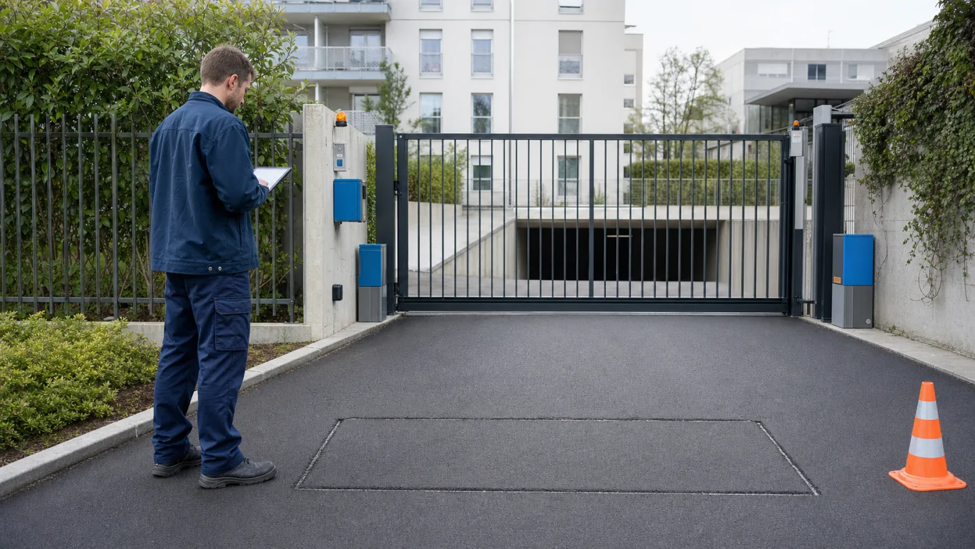Frisch asphaltierte Tiefgaragenzufahrt mit sichtbarer Induktionsschleife und sicher dokumentierendem Servicetechniker