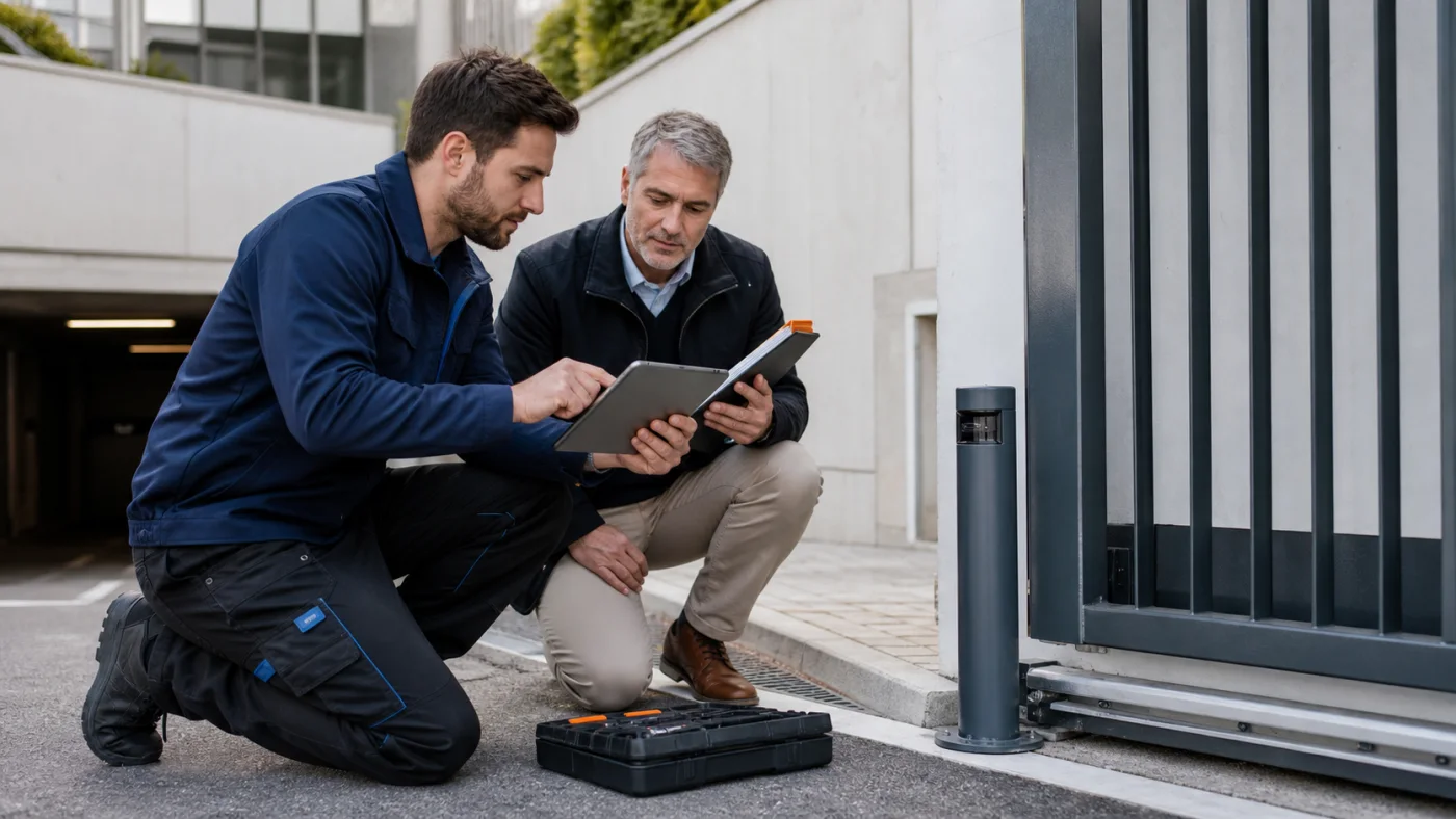 Hausverwaltung und Servicetechniker dokumentieren Lichtschranke und Garagentor Freigabe in Wien Niederoesterreich ohne Logos