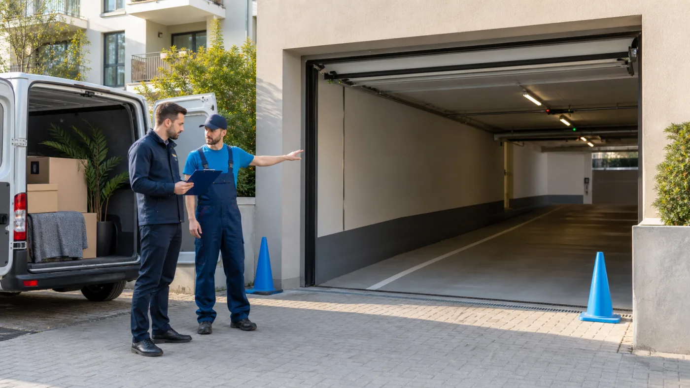Hausverwaltung und Umzugsleitung planen vor einer offenen Sammelgaragenzufahrt in Wien einen beaufsichtigten Fahrweg