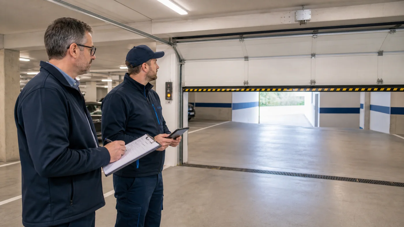 Hausverwalter und Servicetechniker dokumentieren den Automatikbetrieb eines Tiefgaragentors in Wien