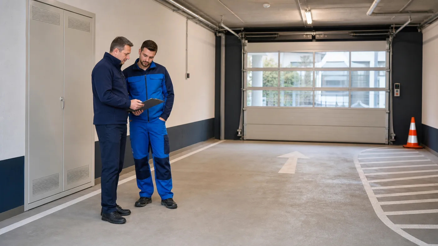 Hausverwalter und Elektrofachkraft besprechen eine geplante Stromabschaltung vor einem stillstehenden Tiefgaragentor