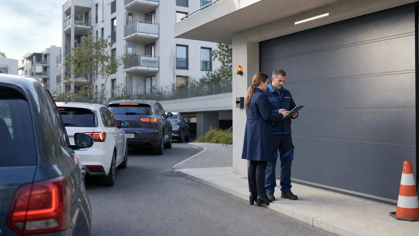 Hausverwaltung und Tortechniker besprechen vor einer Sammelgarage in Wien ein Ereignisprotokoll während der morgendlichen Stoßzeit