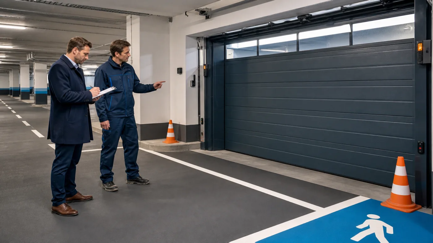 Hausverwalter und Techniker prüfen neue Bodenmarkierungen vor einem stillstehenden Tiefgaragentor