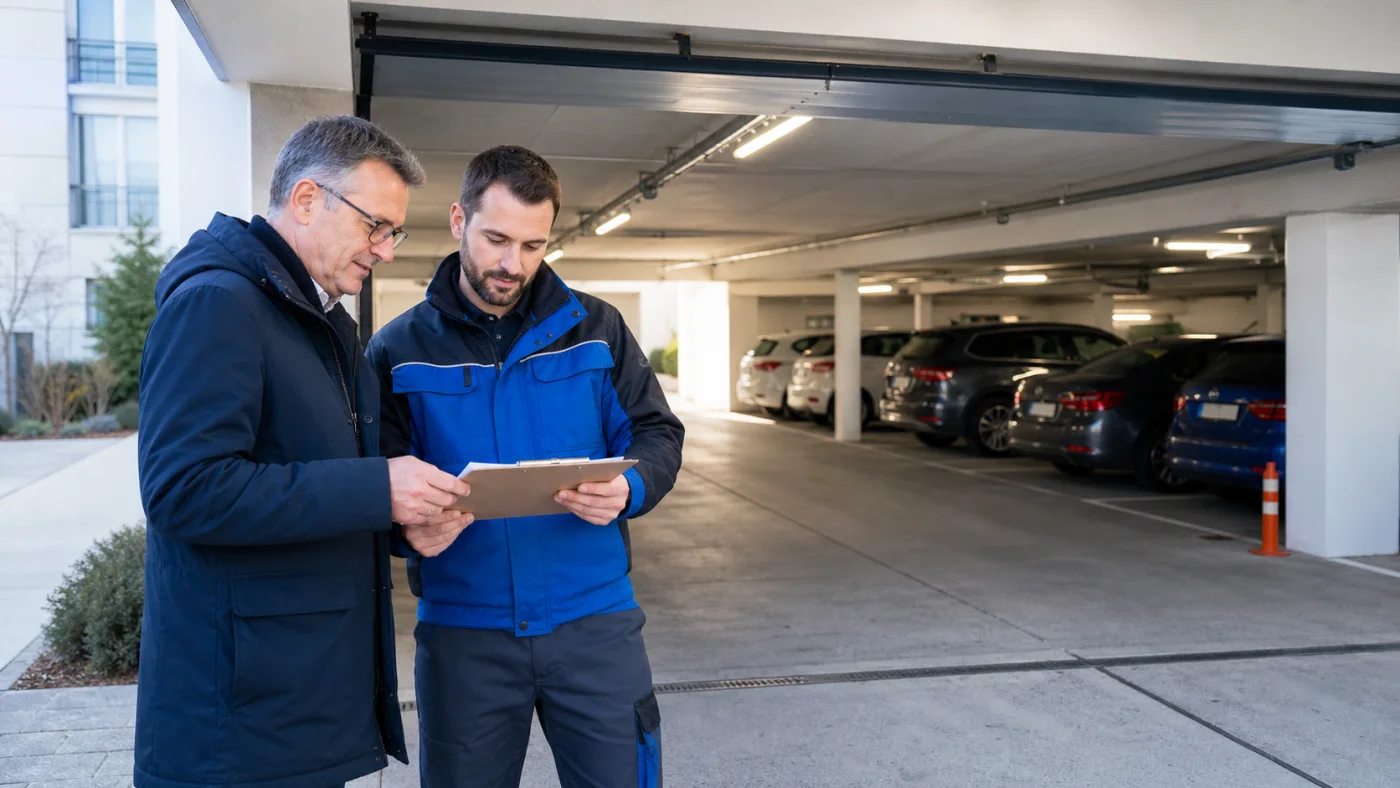 Hausverwalter und Servicetechniker prüfen ein Protokoll neben einer Tiefgaragenzufahrt nach erhöhter Nutzung