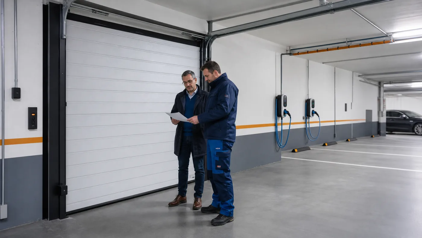 Hausverwalter und Tortechniker prüfen die Übergabe neben geschlossenem Tiefgaragentor und Wallboxen