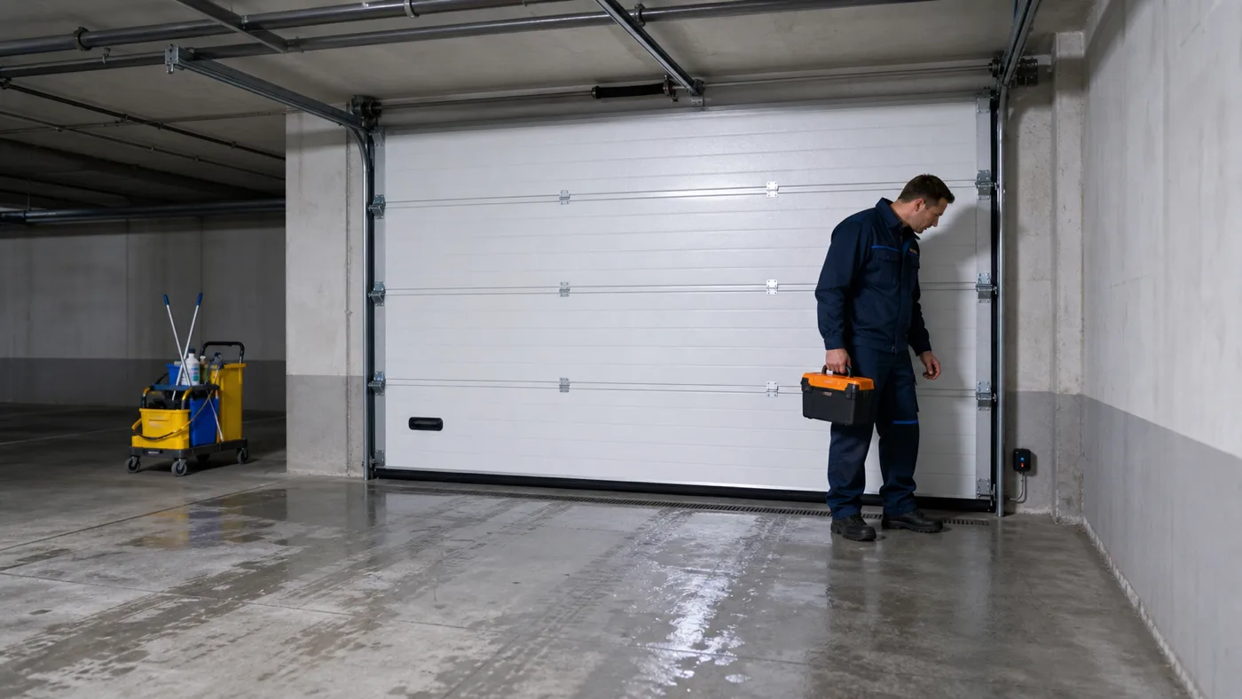 Servicetechniker prüft in einer Wiener Tiefgarage nach der Nassreinigung den sichtbaren Sensorbereich eines geschlossenen Sektionaltores