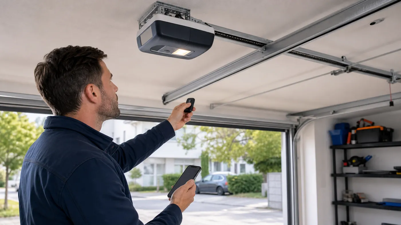 Techniker testet einen unbranded Handsender vor einem Garagentorantrieb in einer Garage in Wien