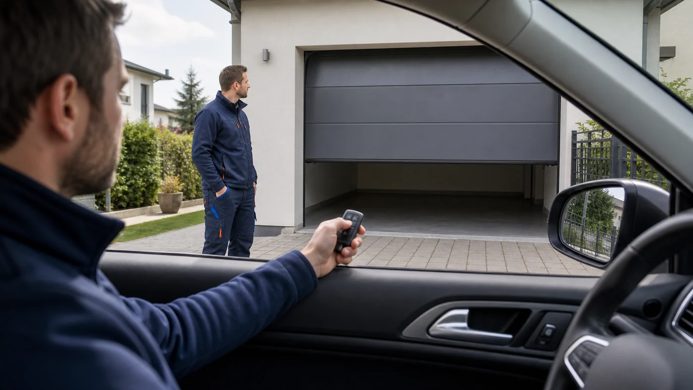 Fahrer testet aus einem modernen Auto in Wien Niederoesterreich einen Garagentor-Handsender waehrend ein Servicetechniker die Reichweite an einem Garagentor beobachtet, realistische Servicefotografie ohne Logos