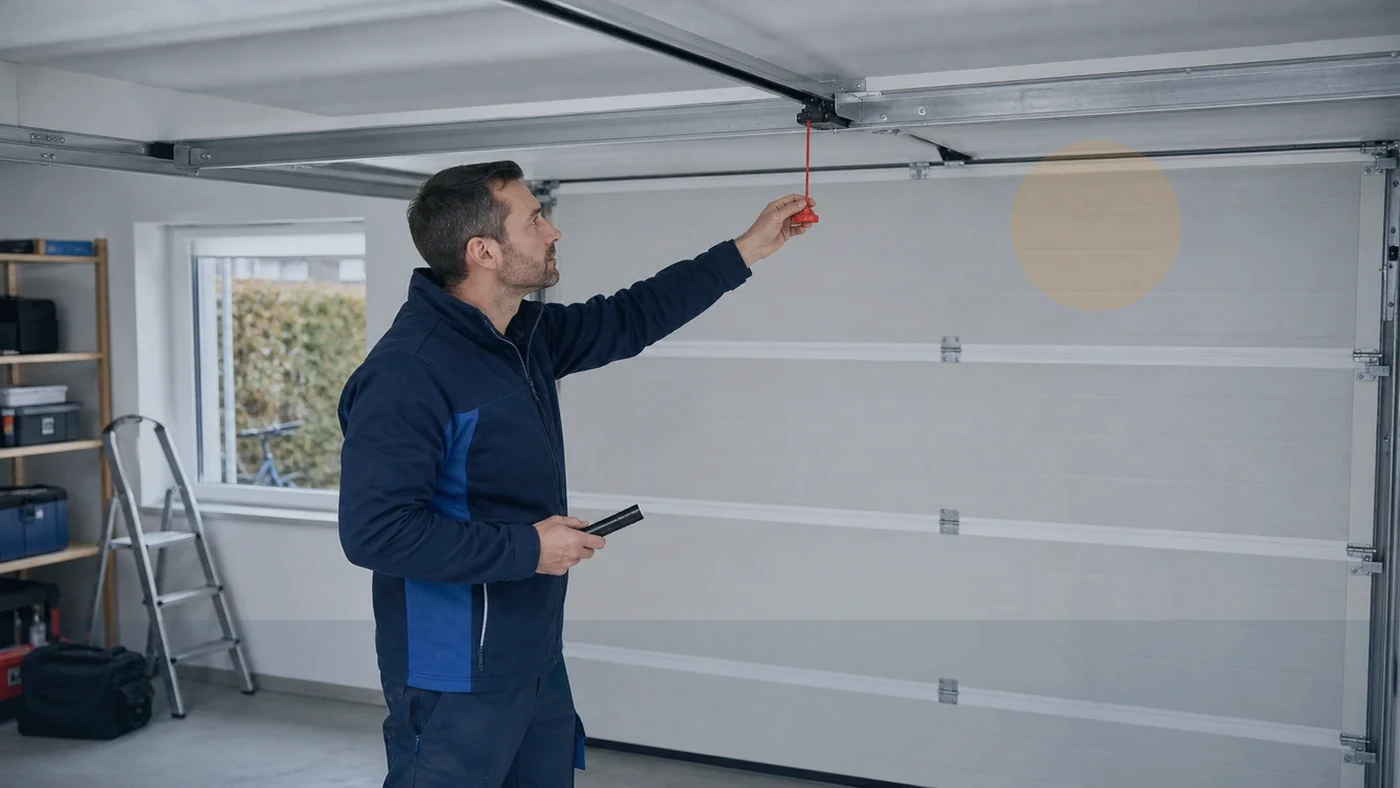 Servicetechniker prüft in einer Wohnhausgarage in Wien Niederösterreich einen Garagentorantrieb mit Blinksignal und Handsender, realistische Technikfotografie ohne Logos