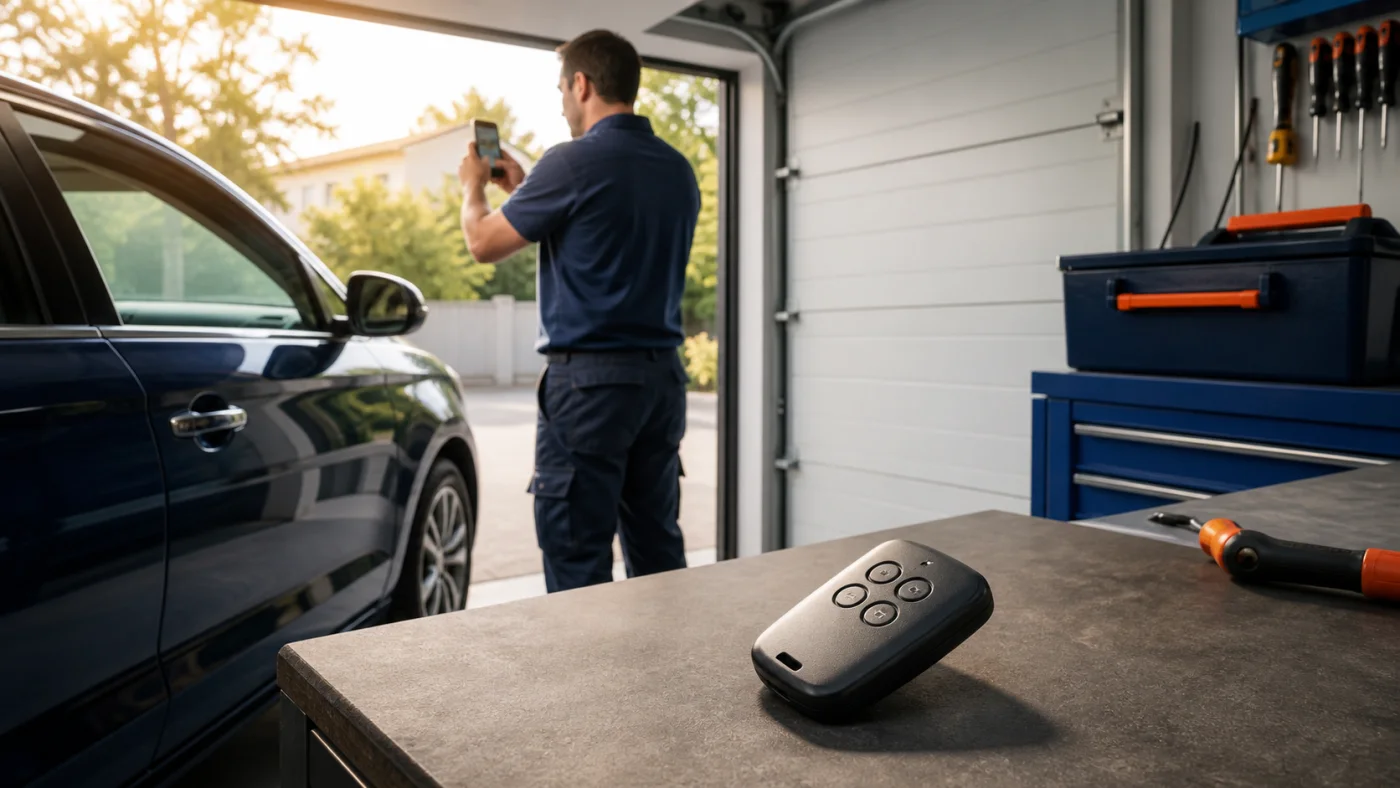 Neutraler Garagentor-Handsender liegt nach Hitzeeinwirkung im Auto auf einer Werkbank zur sicheren Prüfung
