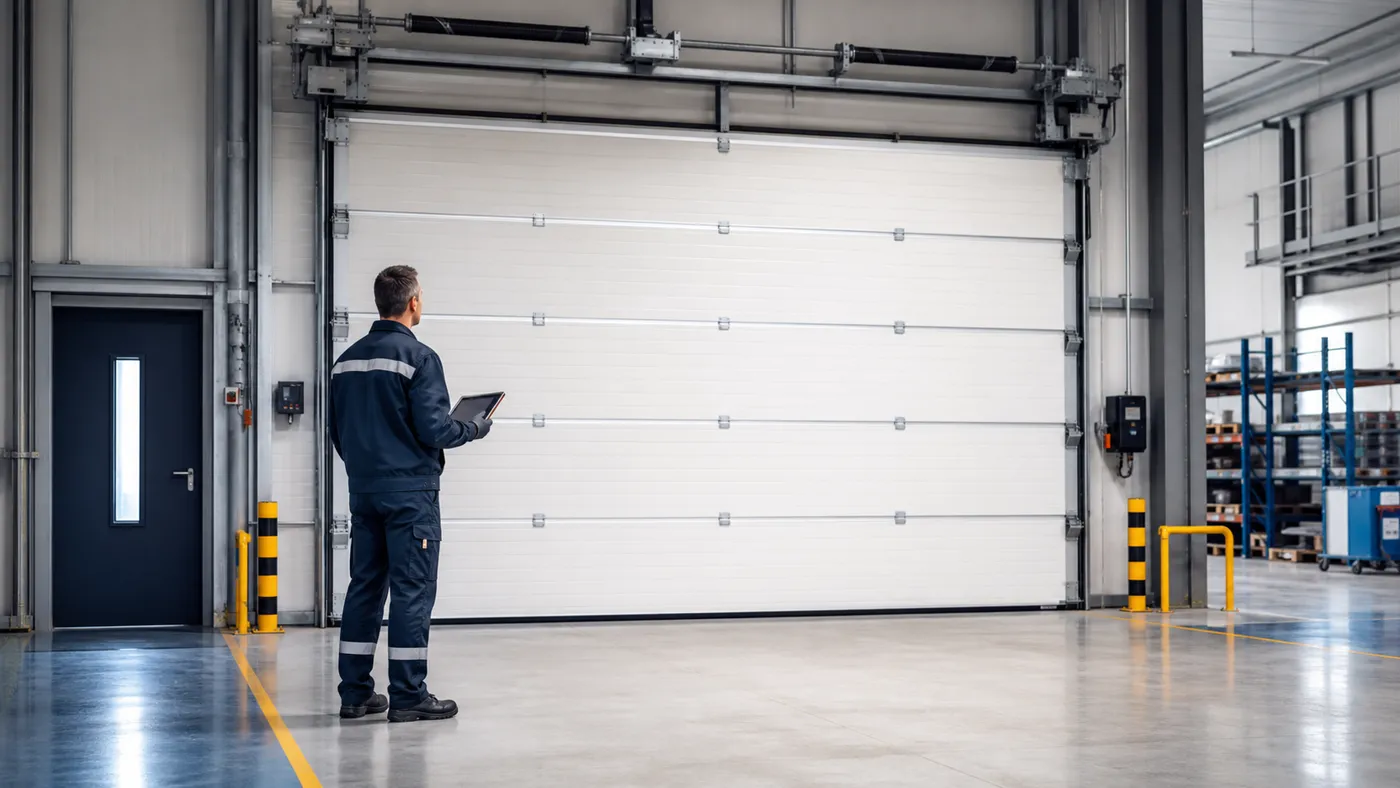 Servicetechniker inspiziert ein geschlossenes Hallentor in einem Wiener Gewerbebetrieb und prüft Steuerung und Sicherheitsbereich