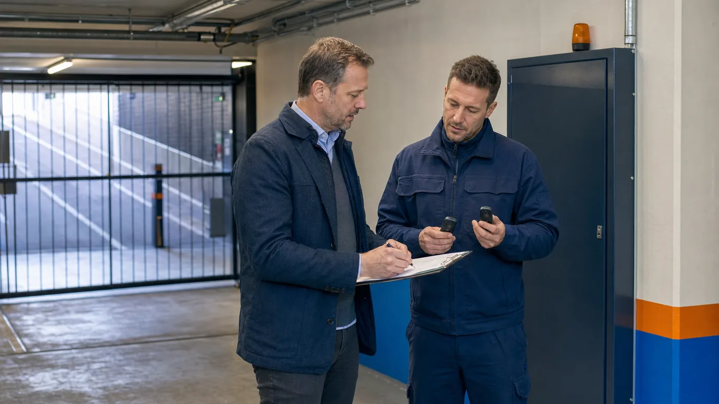 Hausverwalter und Servicetechniker besprechen die Senderverwaltung eines Garagentors in einer Sammelgarage in Wien/Niederösterreich, realistische Technikfotografie ohne Logos