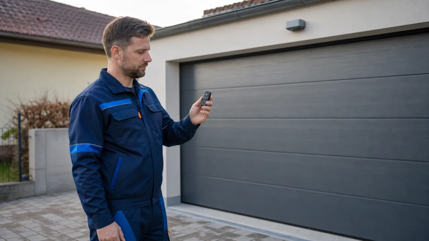 Servicetechniker dokumentiert einen neutralen Garagentor-Handsender nach längerer Lagerung vor einer geschlossenen Garage