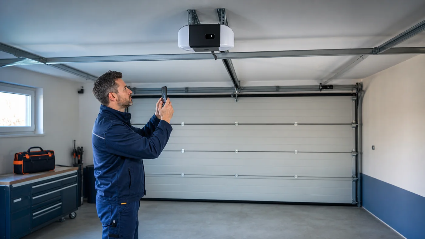 Servicetechniker fotografiert bei geschlossenem Garagentor sicher die äußere Displayanzeige eines modernen Torantriebs in Wien und Niederösterreich