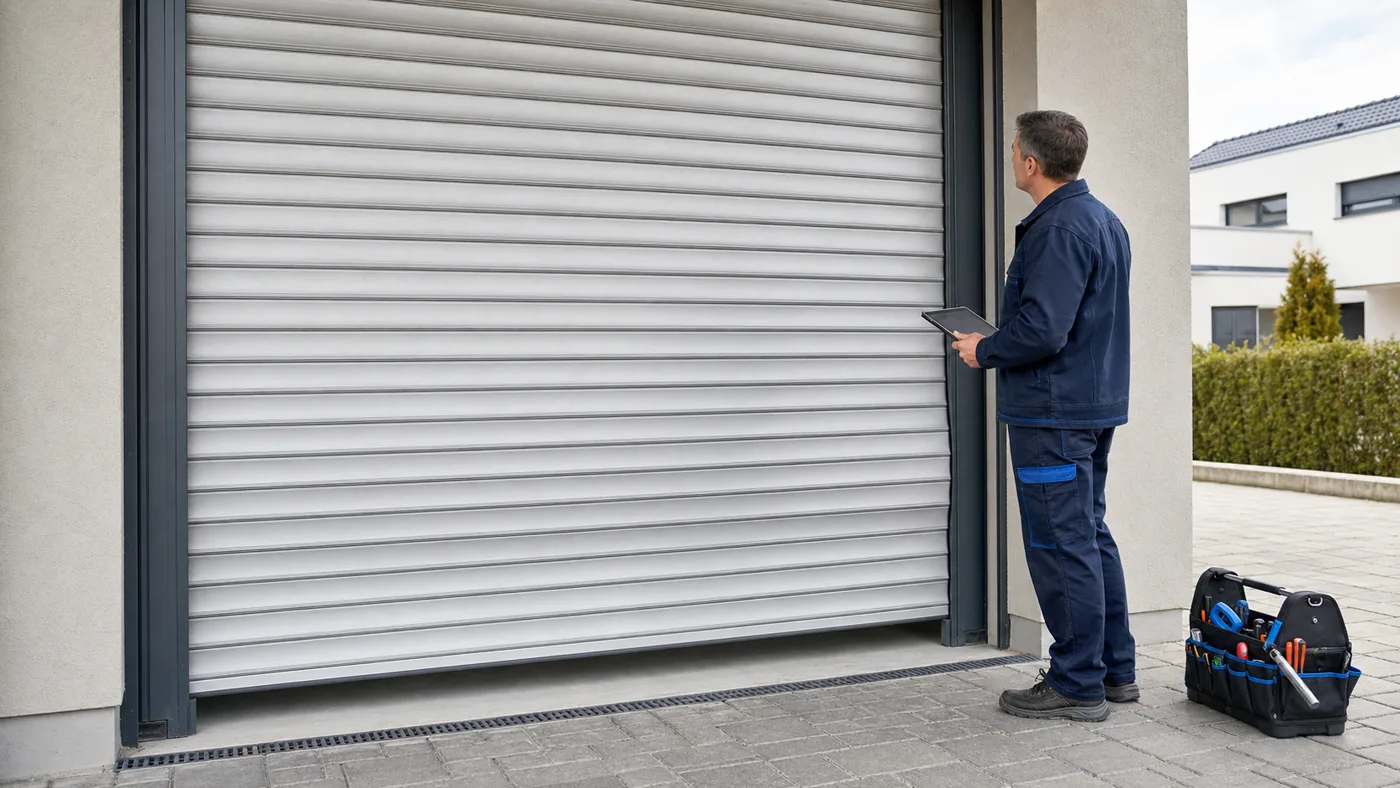 Techniker prüft aus sicherem Abstand einen leicht verformten Rolltorbehang und dessen Seitenführungen