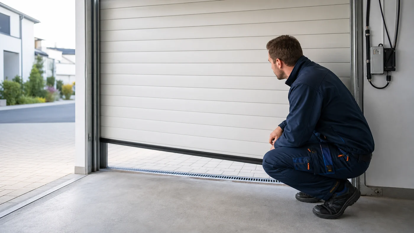Servicetechniker prueft in einer Garage in Wien Niederoesterreich die Unterkante und Fuehrung eines Rolltores, das nicht ganz parallel am Boden anliegt, realistische Servicefotografie ohne Logos